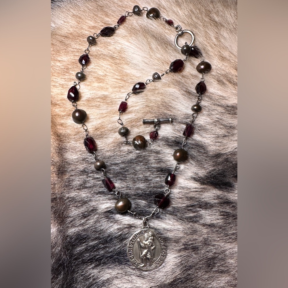 Pure Garnet & Black Pearl 925 Sterling Silver St.Christopher Pendant Necklace - Picture 4 of 9